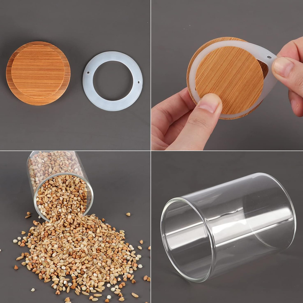 4oz krydderikrukker af glas med bambuslåg, opbevaringsbeholdere af klar borosilikatglas til mad med lufttætte trælåg, cylinderglas
