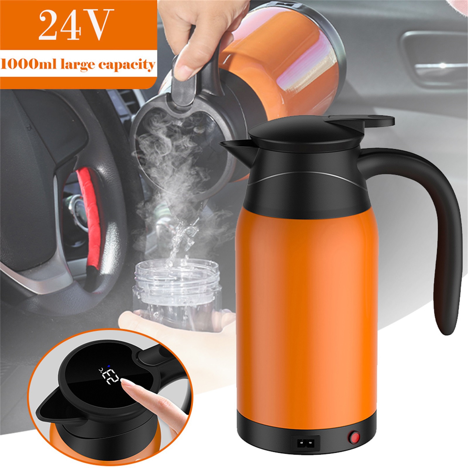 Gourde chauffante électrique pour voiture, bouilloire à eau, en acier, 24v, 1000ml, Thermos, # g30