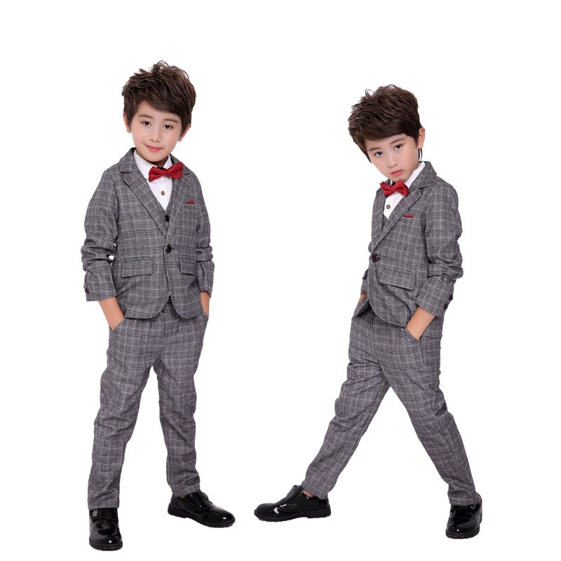 Crianças primavera outono ternos de vestido formal conjuntos flor meninos do casamento formatura escola terno conjunto crianças xadrez blazer colete calças 3 pçs roupa: 10 T