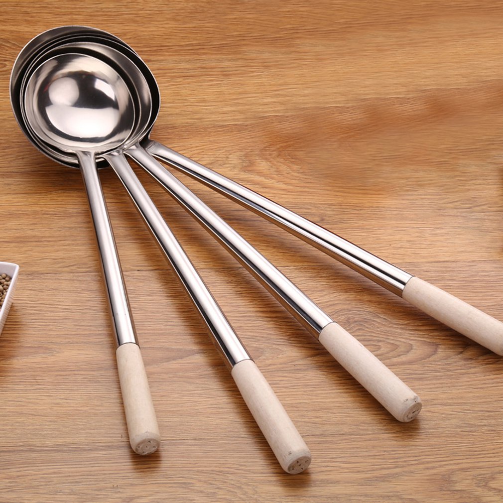 Stainless Steel Cooking Shovel With Wooden Handle Portable Household Spoon Cook's Frying Spoon Stir Fry Spoon