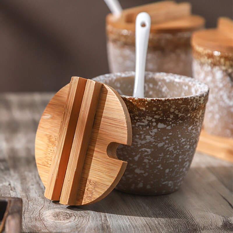 Japanse Stijl Keramische Kruidenrek Kruiden Doos Zout En Peper Containers Set Met Bamboe Deksel Dienblad Kruiderij Jar