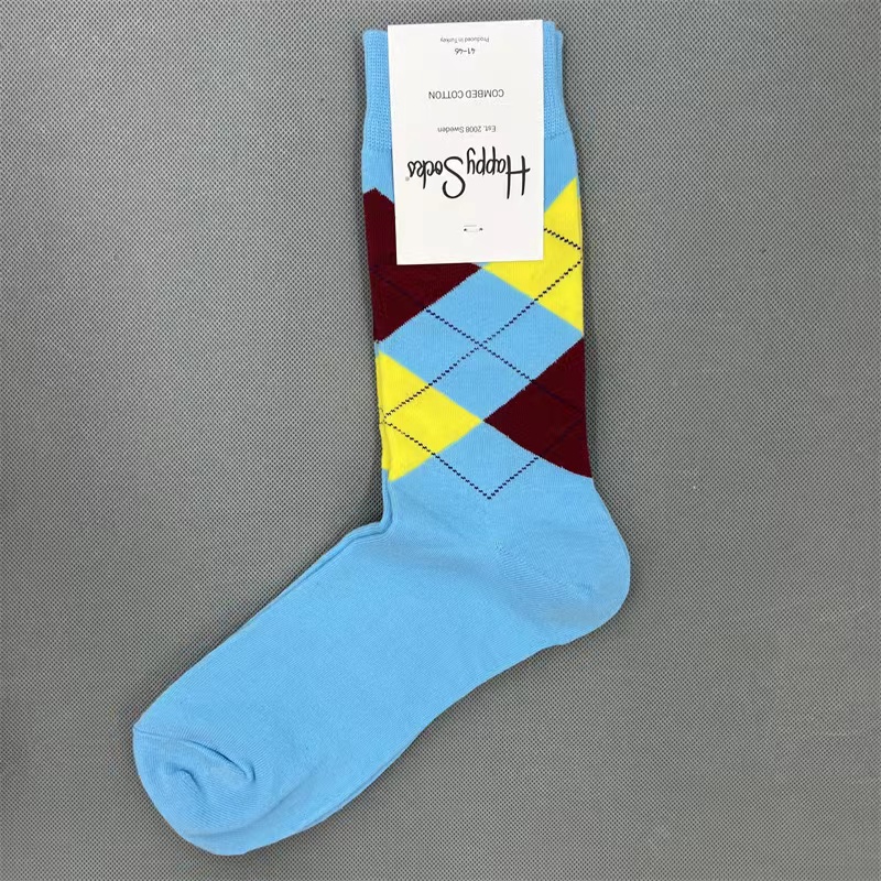 Happy Socks Men's Diamond Check Socks Four Seasons Pure Cotton Geometric Pattern Sports Socks Size 41-46