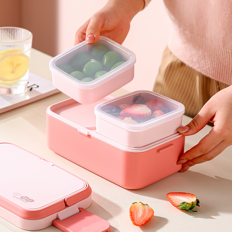 Boîte à lunch portable en fibre de bambou 3 en 1, double couche, bento, micro-ondes, cuillère, fourchette, femme, fille, école, enfant, pique-nique
