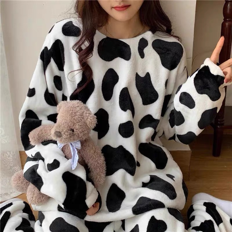 QWEEK Cow Print Pajamas for Women Velvet Pijama Kawaii Sleepwear Female Set Woman 2 Piece Pyjamas Long Sleeve Loungewear Suit