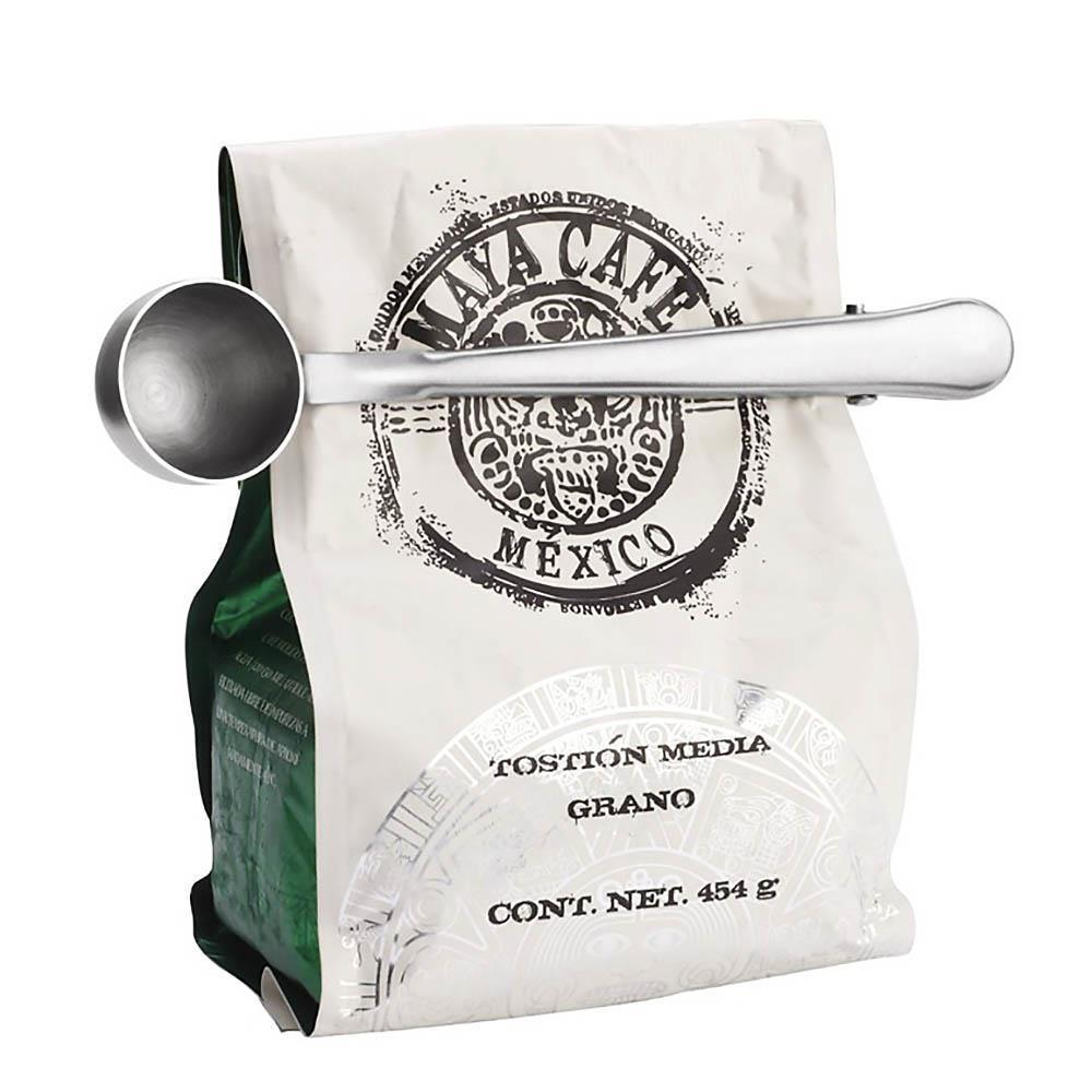1pc cucharas medidoras multifunción útiles de acero inoxidable para té molido, café y azúcar, cuchara para 1 taza de café molido con clip para sellar bolsas.
