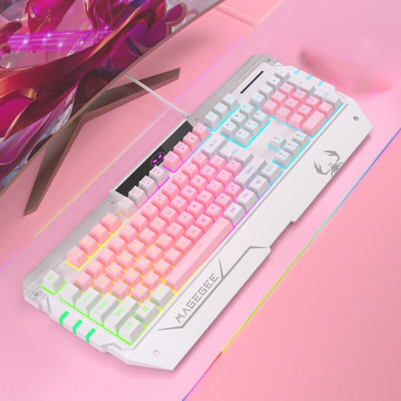 Clavier de jeu mécanique à câble USB rose pour filles, avec capuchons de touches, souris et écouteurs: 01