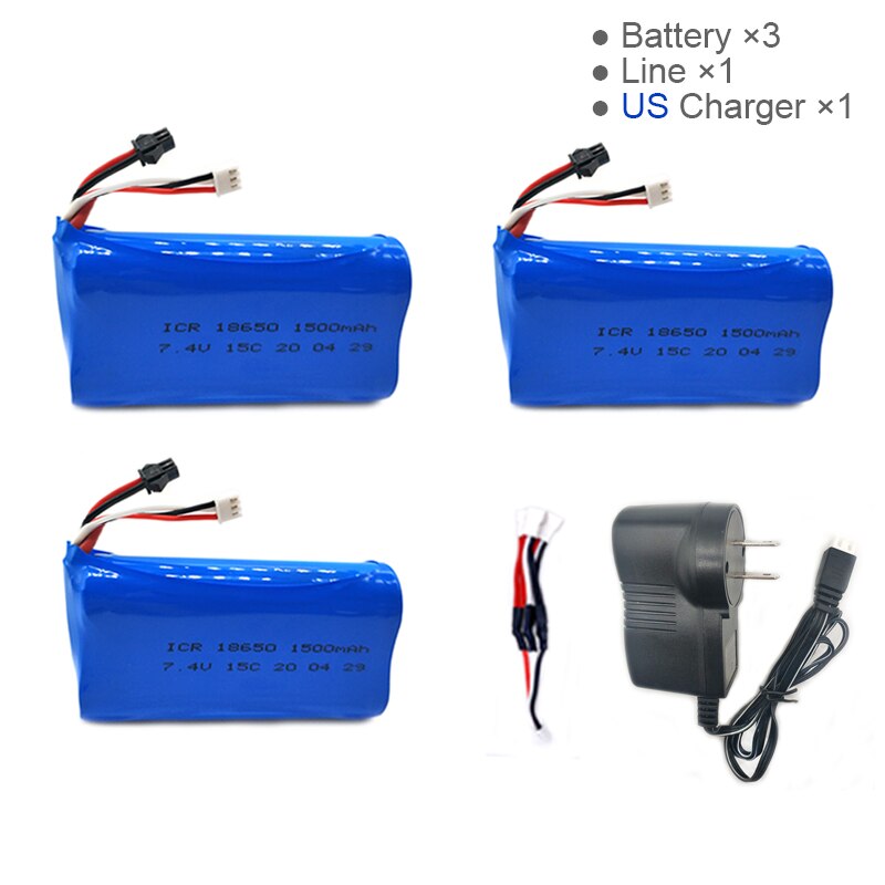 7.4V 1500mAh Lipo Battery for WPL MN99S D90 U12A S033g Q1 H101 7.4V 18650 SM Battery Rc Boats Cars Tanks Drones Parts: 3B 3in1 line  US Adp