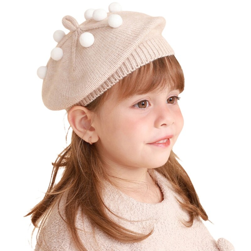Autumn Winter Knitted Warm Hat Girls Cute Berets Caps Lovely Purl Beanies Hats Wild Cute Hair Ball Kids Knitted Thermal Beret: khaki