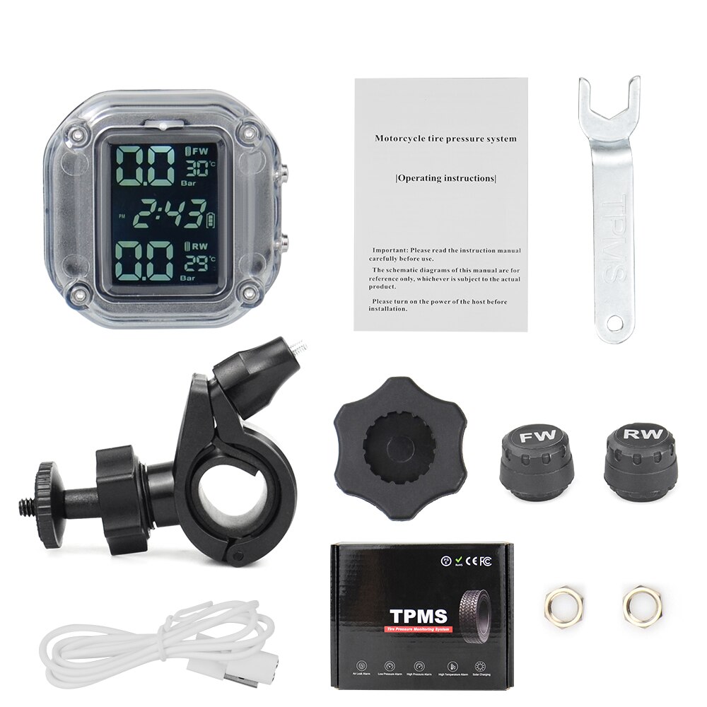 Originla Motorcycle TPMS Motor Tire Pressure Tyre Temperature Monitoring Monitor Alarm System with 2 External Sensors USB Solar: New TPMS