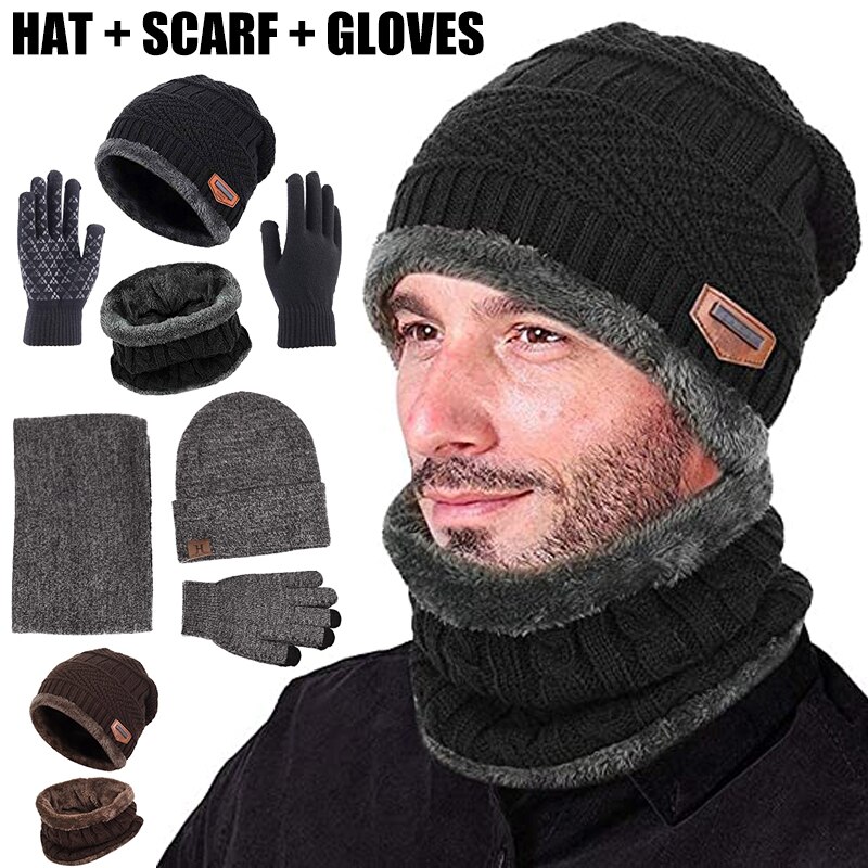 Winter Warm Beanie Hat Scarf Gloves Set Unisex Winter Warm Knitted Beanie Hat Neck Glove for Men Women XRQ88