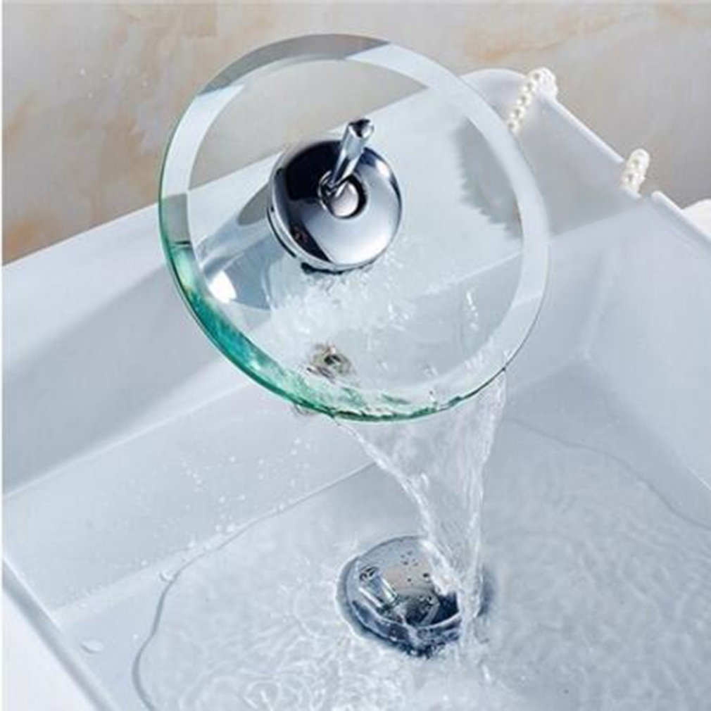 Glas vandfald bassin vandhane badeværelse køkkenvask rund messing krom håndvask vandhane enkelt greb og kold blandebatteri