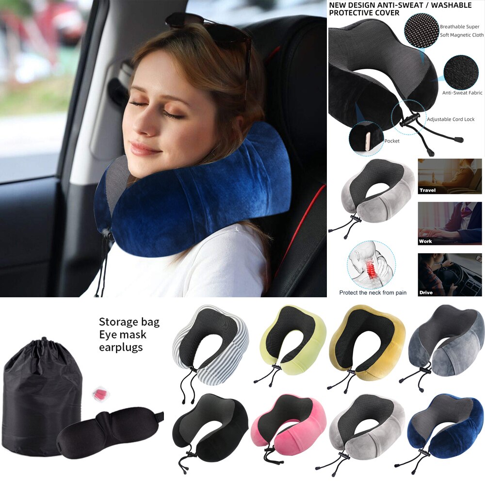 Travel Pillow Memory Foam Neck Pillow Airplane Travel Kit with 3D Eye Masks, Earplugs and Luxury Bag