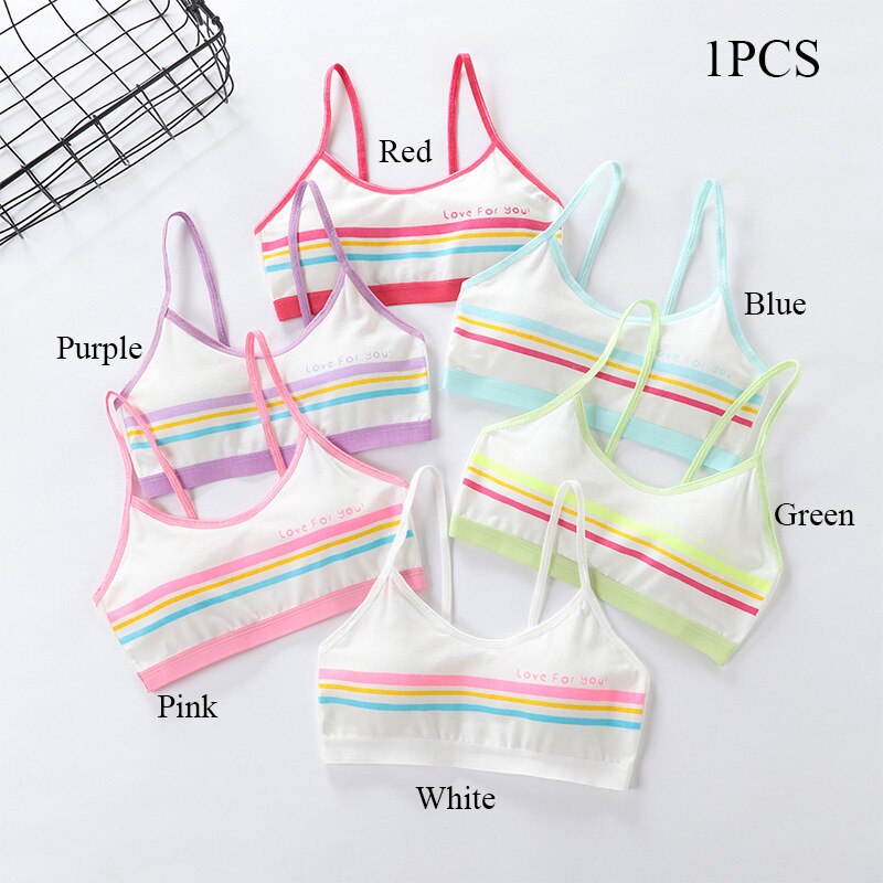 Striped Cotton Spandex Teen bra girl vest for 8-14 Years Adolescente Kids Underwear Training with Chest Pad cute tops: Red