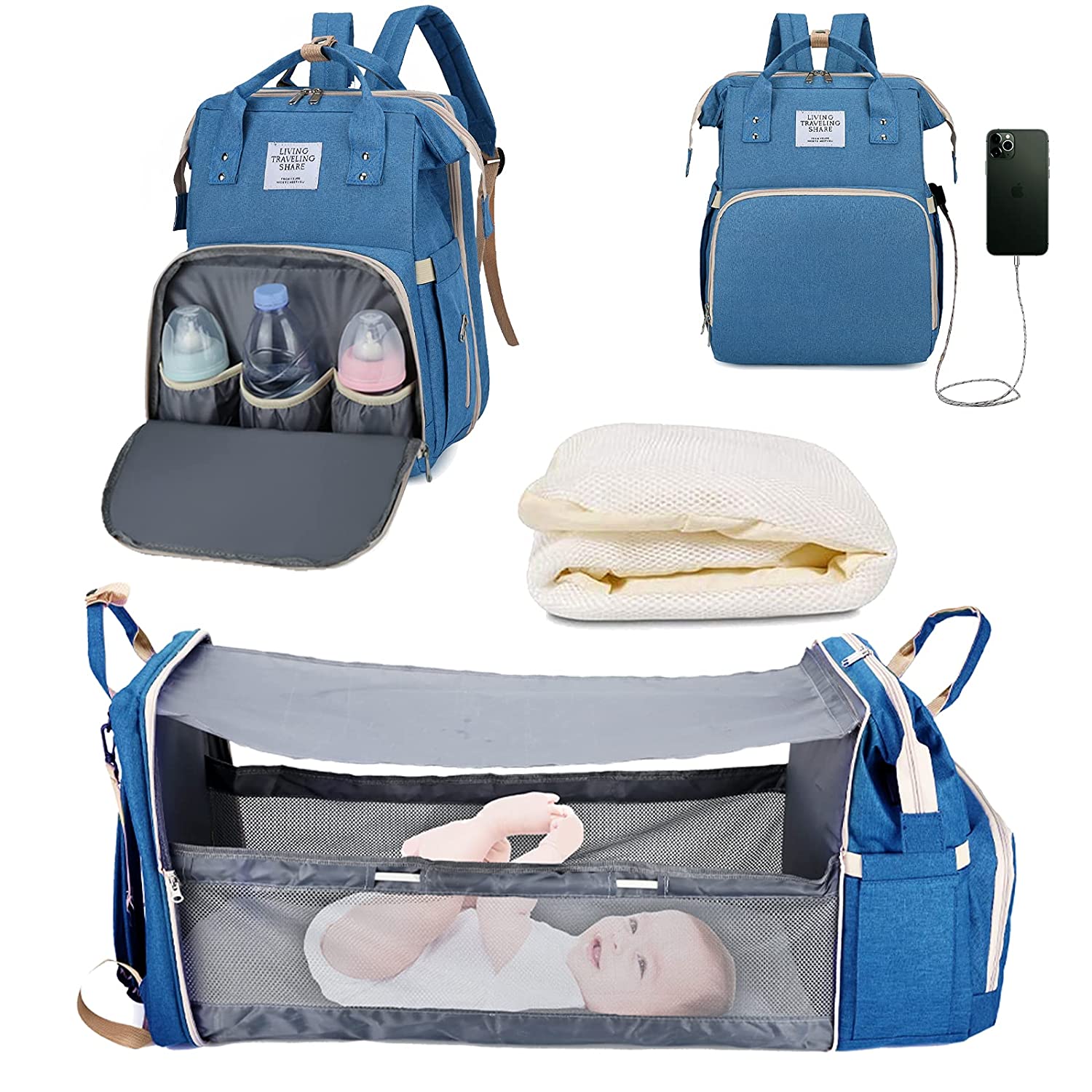 Bolsa de pañales 3 en 1, mochila con cuna plegable automática, portátil, impermeable, de gran capacidad, con puerto USB: 2