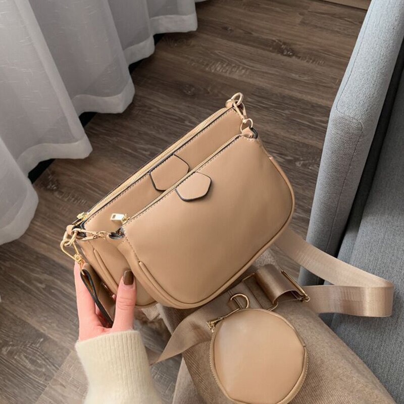 Messenger Shoulder Bags For Women With Wide Strap 3 Bags/set Female Pu Leather Handbag Purse Cross Body Bag: Khaki