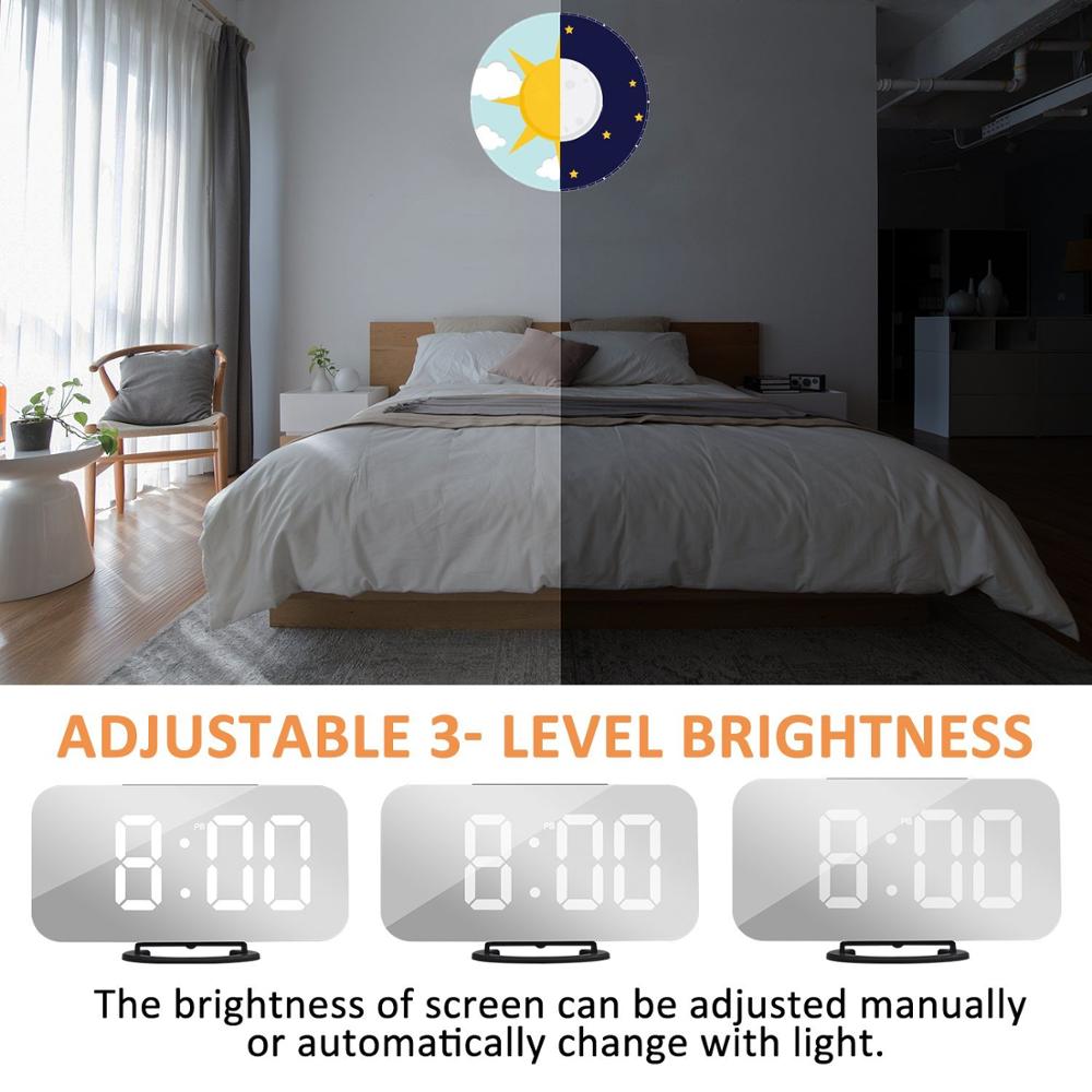 LED Alarm Clock With Dual USB Charging Port For Mobile Phone Charging Mirror Clock Snooze Function Automatic Dimming