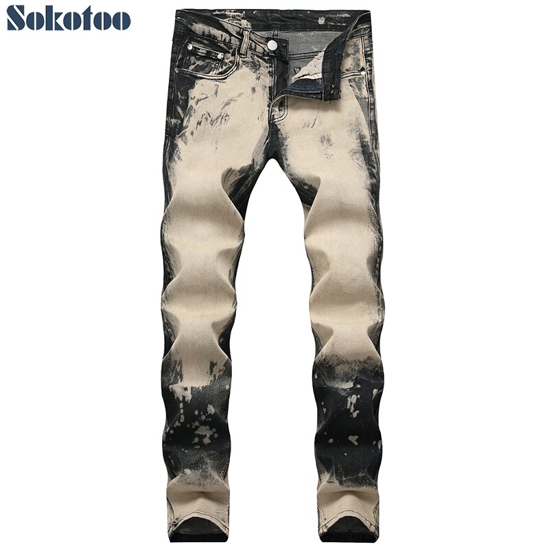 Sokotoo Men's tie dye slim stretch jeans Plus size washed denim pants