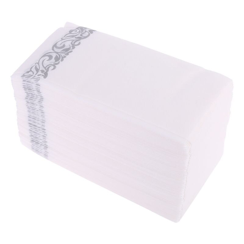 Engangs gæstehåndklæder i linned - dekorative hvide håndklæder, sølvblomstret kludlignende papirservietter  k1mf