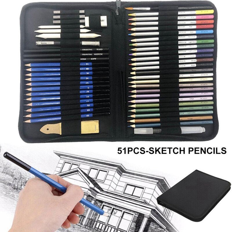 -51Pcs/Set Drawing Kit Wood Pencil Sketching Pencils Art Sketch Painting Supplies with Carrying Bag: Default Title