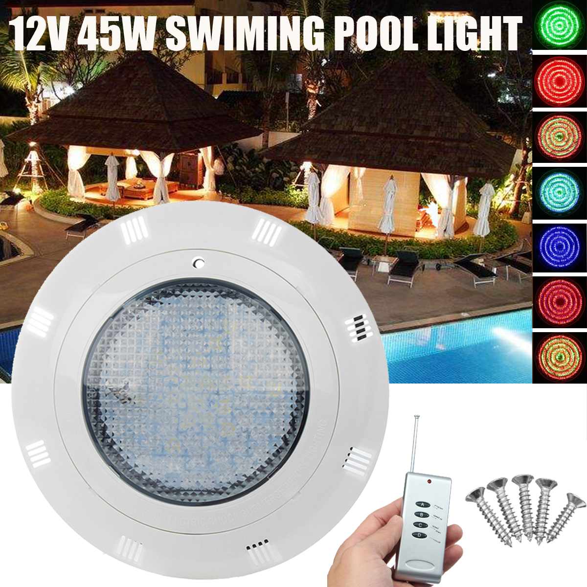 45w rgb led-uima-allasvaloa kaukosäätimellä, 45 lediä,  ip68 vedenpitävää ulkokäyttöön tarkoitettua vedenalaista upotettavaa valoa, lampiyövalo