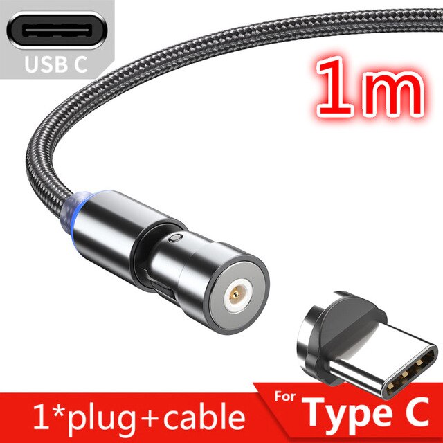 Cable magnético giratorio de 360 grados, Cable de carga USB tipo C, cargador magnético de carga rápida, Cable micromagnético giratorio de 540 grados: 1m Black C Plug