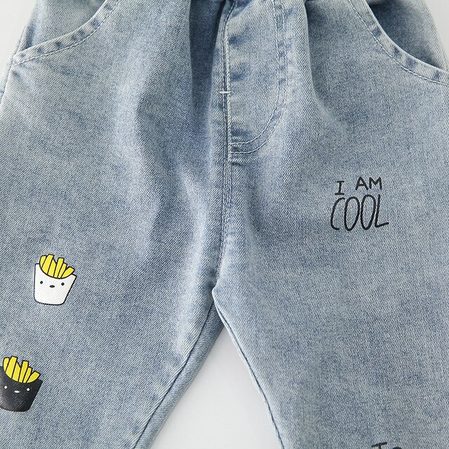 Unisex barn jeans casual popcorn tryck elastisk midja jeansbyxor koreanska tjejer höstbyxor pojkar jeans 1 2 3 4 5 år