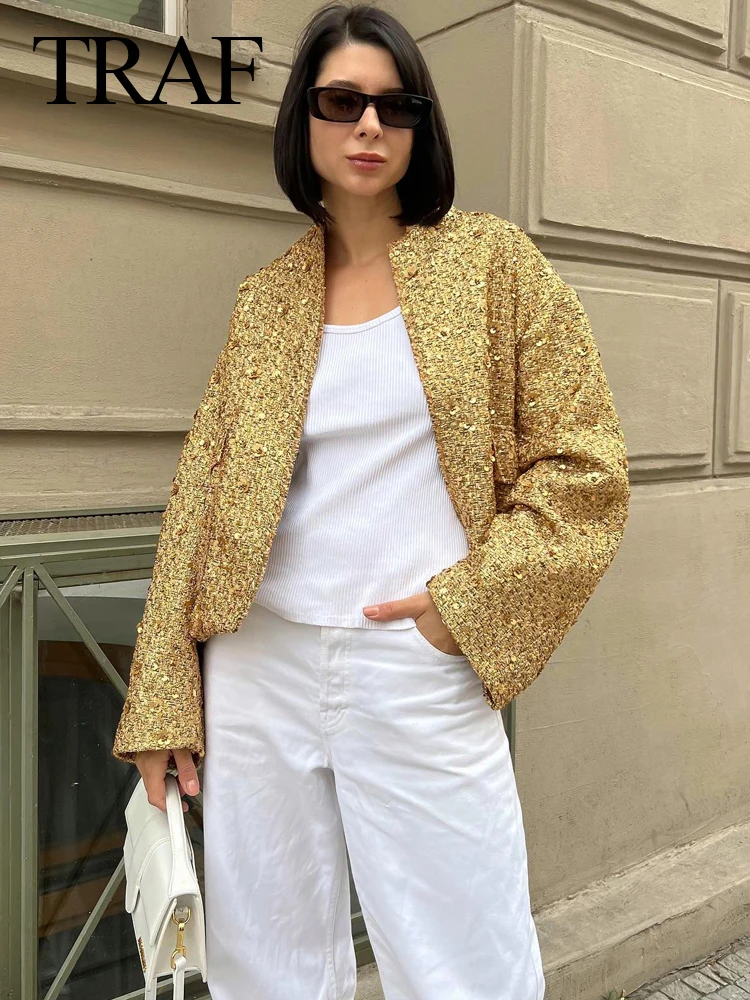 TRAFZA Frauen Glänzende Pailletten Jacke Y2k Gold Farbe Stehkragen Langarm Kurzarm Mantel Herbst Winter Damen Hohe Streetwear