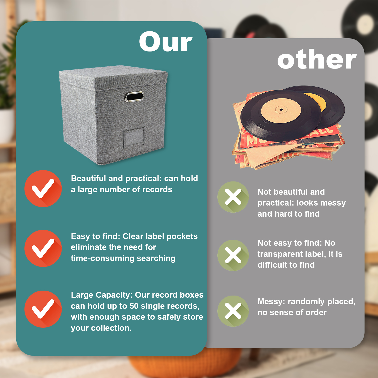 Caixa de armazenamento de registro de vinil dobrável portátil organizador multifuncional com tampa para 12 em álbuns caixa de registros armazenamento de álbum lp