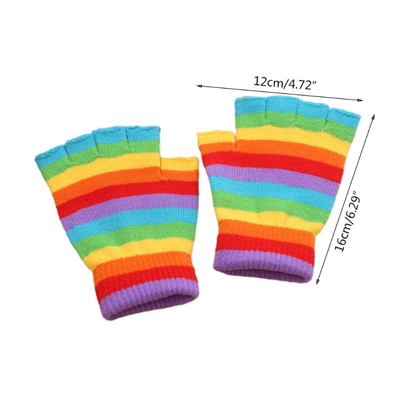 Unisex Half Finger Gloves Rainbow Colored Winter Stretchy Knit Fingerless Typing Gloves for Office School Students