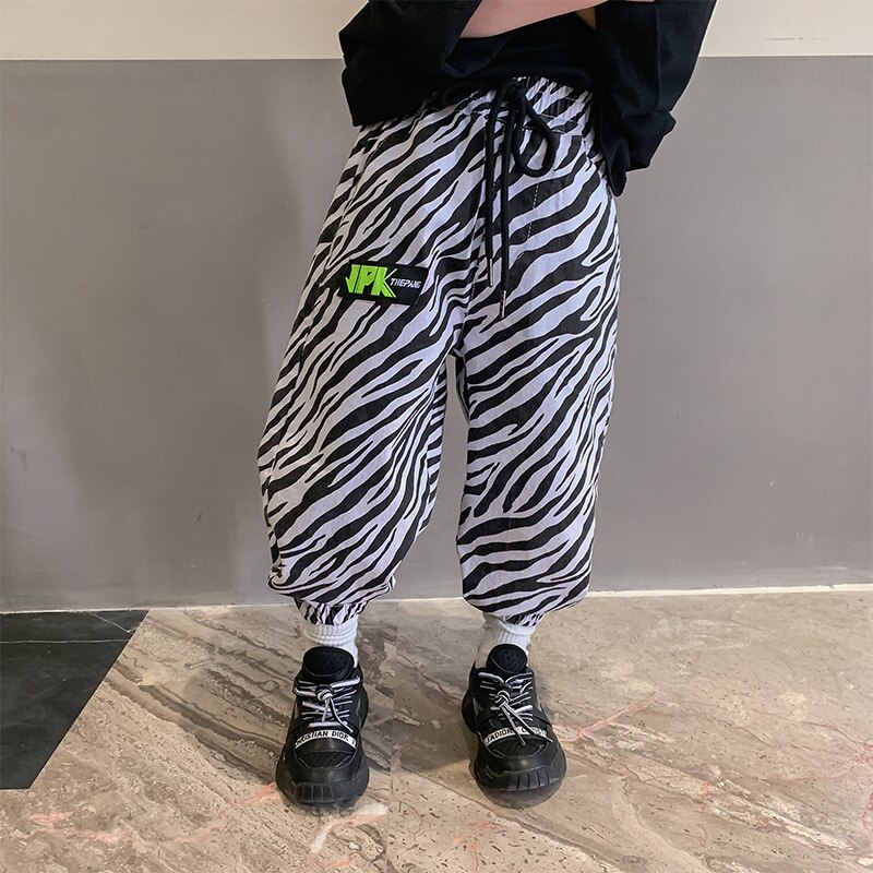 Calças casuais de meninos e crianças, estampa zebra, primavera e outono, roupas para adolescentes, esportes, em estoque: Black / 9 T