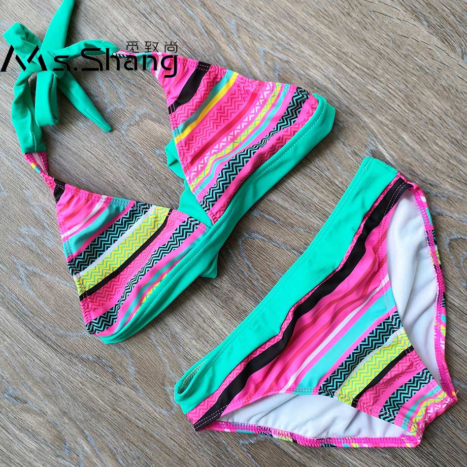 6-16 Years Striped Teenager Girl Bikini Set Two Piece Children Swimwear Kids Swimsuit Halter Top Big Girl Bathing Suit Swim Wear