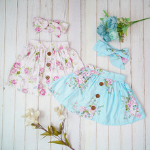Baby piger nederdele sommer bomuld blomsterknap knælængde tutu blå pink blomsterprint skrit matchet pandebånd setjupe rokken