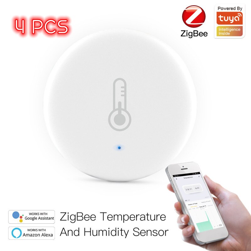 Tuya Smart Home ZigBee Smart Temperature And Humidity Sensor Battery Powered Security With Smart Life Alexa Google Home Security: 4 PCS