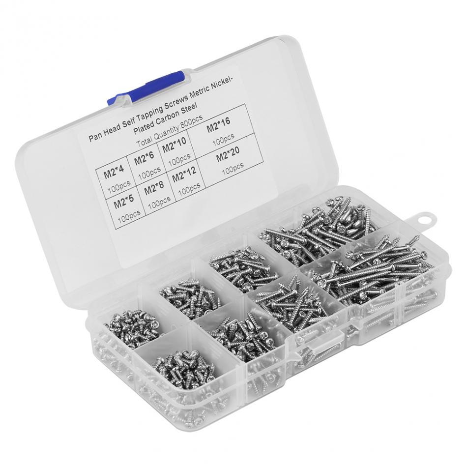 800pcs M2 Cross Drive Pan Head Self-Tapping Screws Woodworking Fastener Assortment Kit with Box Tool