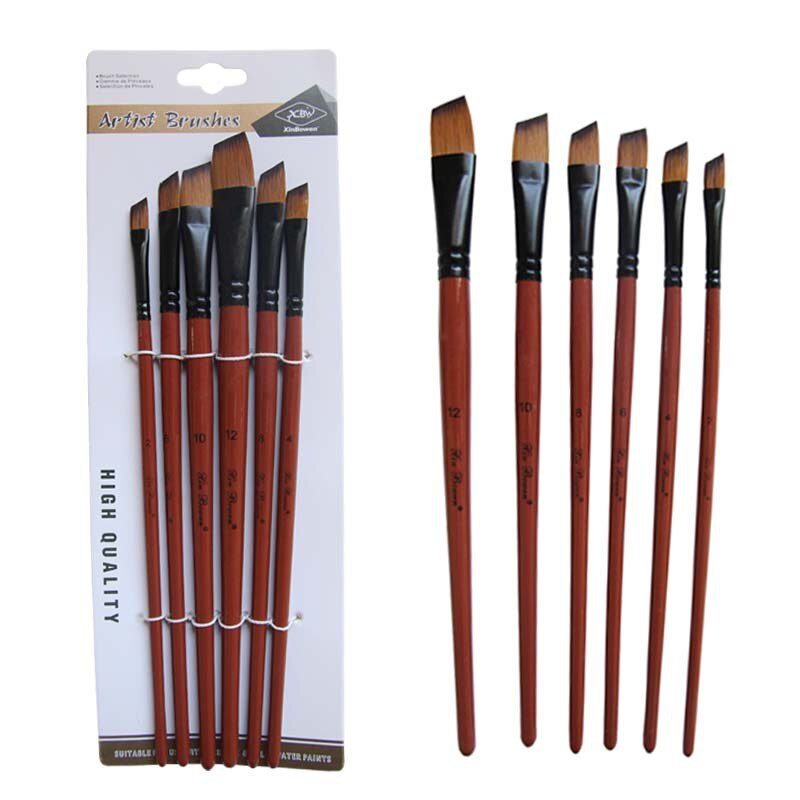 6 Stks/set Nylon Haar Olie Kwast Ronde Hazelaar Angel Platte Acryl Leren Diy Aquarel Pen Voor Kunstenaars Schilders Beginners