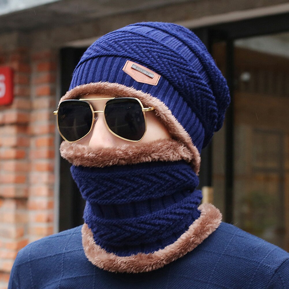 Herr vindtät mjuk håll värmen tvådelad mössa halsduk set stickning ull resår höst vinter utomhus multifunktion camping