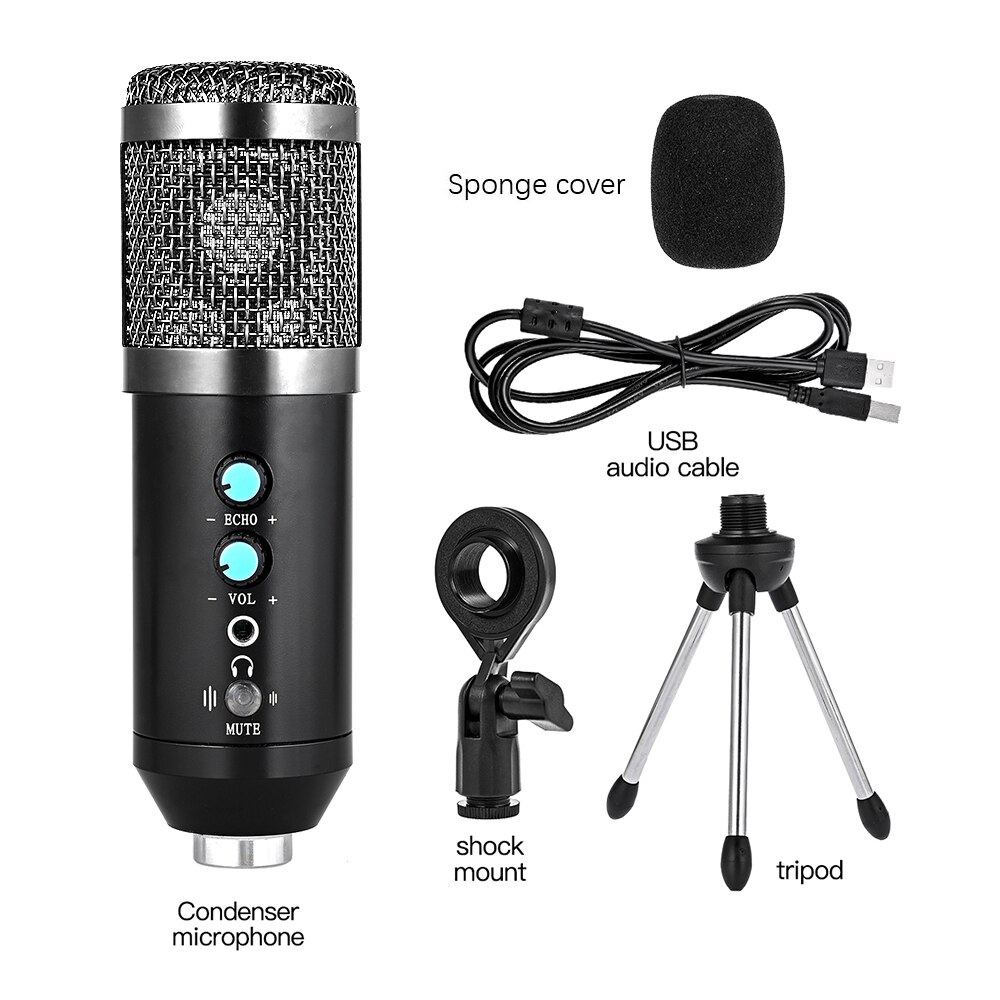 USB Condenser Microphone Kit With Tripod Stand Microfone Cardioid Studio Recording Live KTV Karaoke Microphone for PC Computer: Desktop Silver