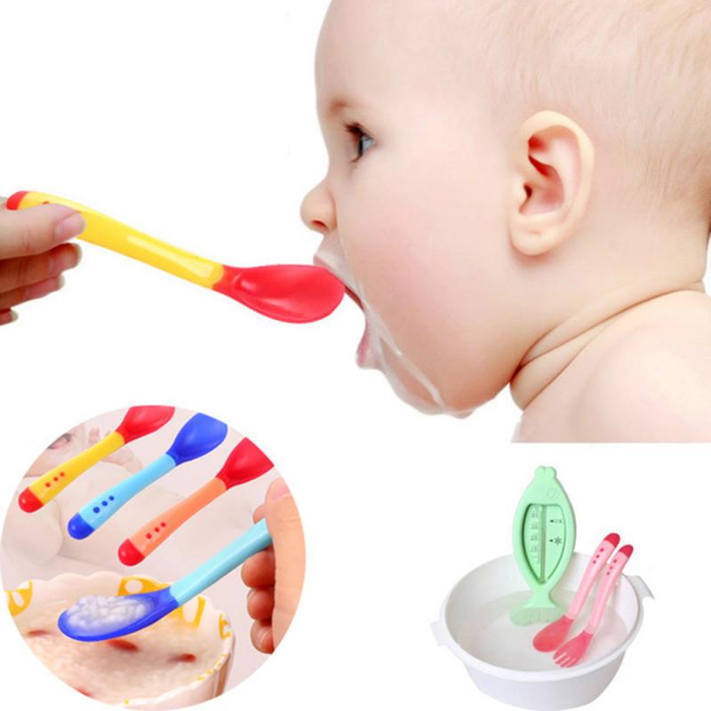 Cuchara y tenedor con sensor de temperatura para niños y niñas, cucharilla de silicona de seguridad para bebés, cubiertos de alimentación