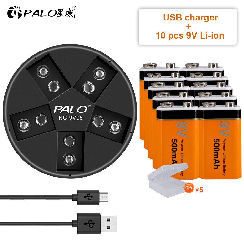 9V battery 6f22 lithium battery li-ion rechargeable battery 9v with 5 slots charger for ni-mh lithium 9v battery: 10pcs and charger