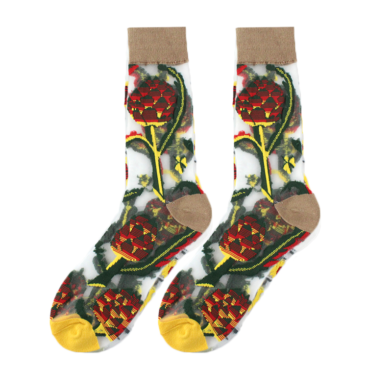 Calcetines divertidos de pájaro Floral de seda de cristal con Hipster francés para mujer, ropa de calle transparente, Calcetines divertidos artísticos de Jacquard Sokken: Gris oscuro