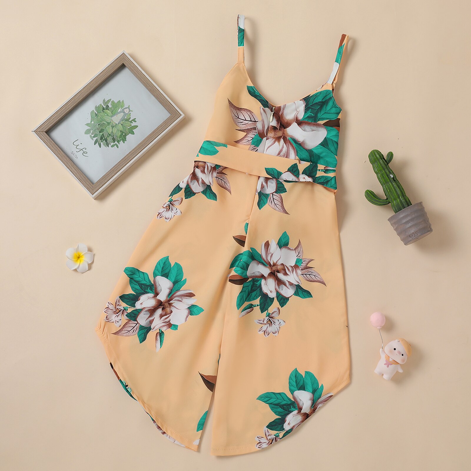 Peuters Meisjes Verstelbare Tailleband Jumpsuit Zomer Mouwloze Bloemen Printing V-hals Overalls Kleding