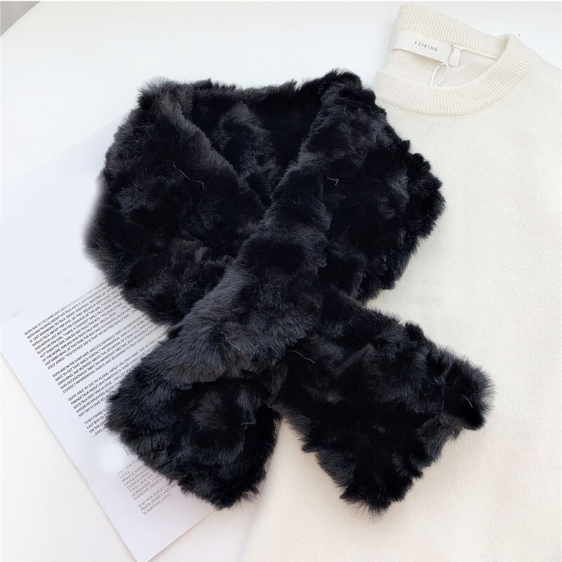 Lodne krave tørklæder tykke varme sjaler wraps fluffy cross tørklæde faux fur tørklæde hals varmere ensfarvet kvinder mænd plys tørklæde: Sort