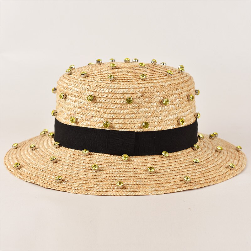 Paja de trigo Natural hecha a mano, decoración de costura de diamantes, sombrero de paja de jazz, viaje al aire libre, Playa: yellow brim 7cm