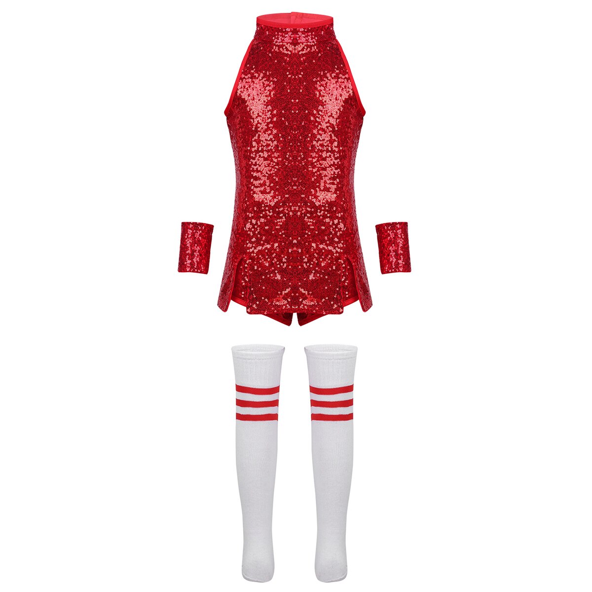 Ragazze dei capretti Cheerlearleading Costumi Shiny Paillettes Magliette E Camicette con Shorts Da Polso-Maniche A Righe e Calzini E Calzettoni Set Cheerleader Vestiti: Red / 150