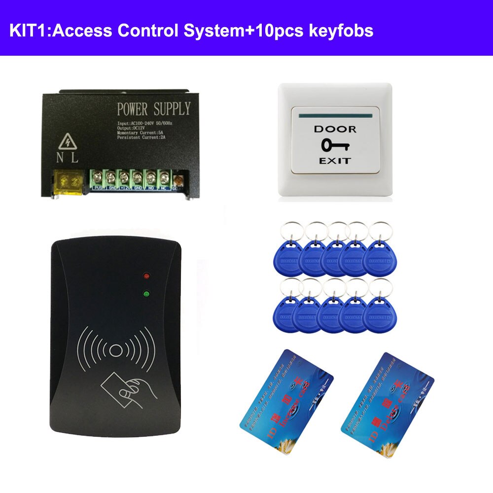 completed door access control system kit power supply+electric lock+exit button+10pcs ID key cards 2000 users IR remote switch: KIT1