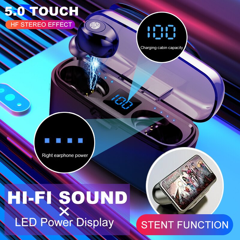 Bluetooth Kopfhörer F9 TWS 5,0 Drahtlose Touch Control Stereo Drahtlose Ohrhörer Headset Mit Power Bank Headset für IPhone Android