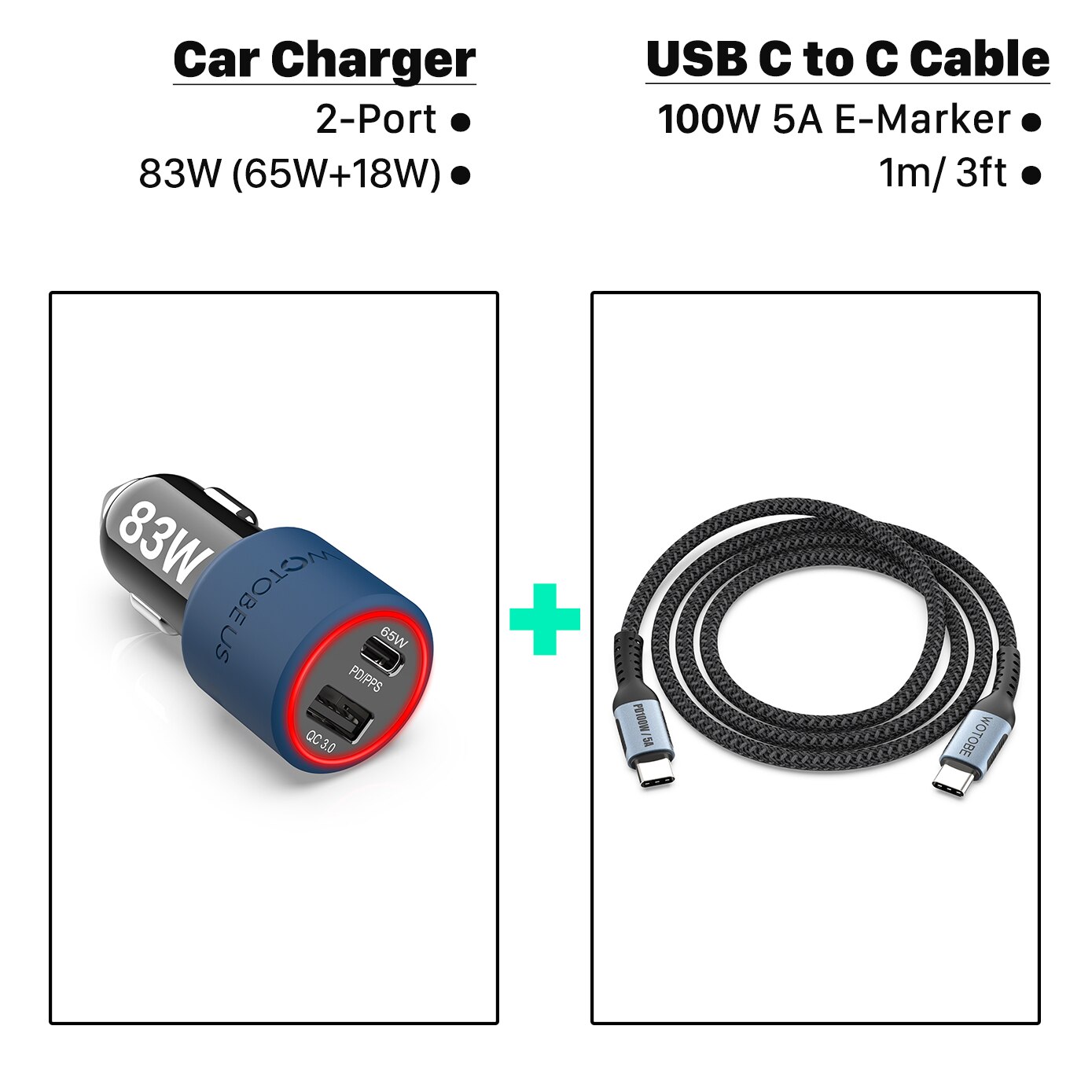 PD 100W USB Car Charger QC5.0 QC3.0 Type C Fast Charging for MacBook Lenovo Dell Xiaomi laptop iphone 13/12 Samsung S21/20 Pixel: 83W and 5A Cable