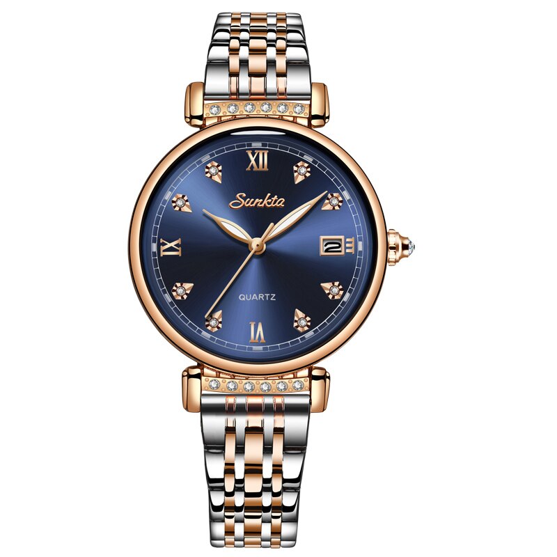Sunkta Vrouw Horloges Rose Goud Top Luxe Horloge Vrouwen Quartz Waterdichte Vrouwen Horloge Dames Meisjes Horloge Klok: Rose gold blue