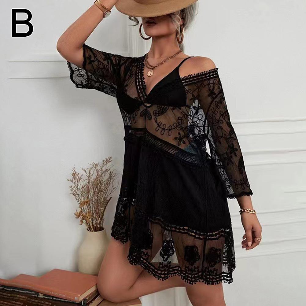 Sexy Women's Mesh Bikini Cover-up Deep V-neck Swimsuit Set Summer Beach Short Sleeve Dress Lace Hollow Out Clothes: Dark Grey
