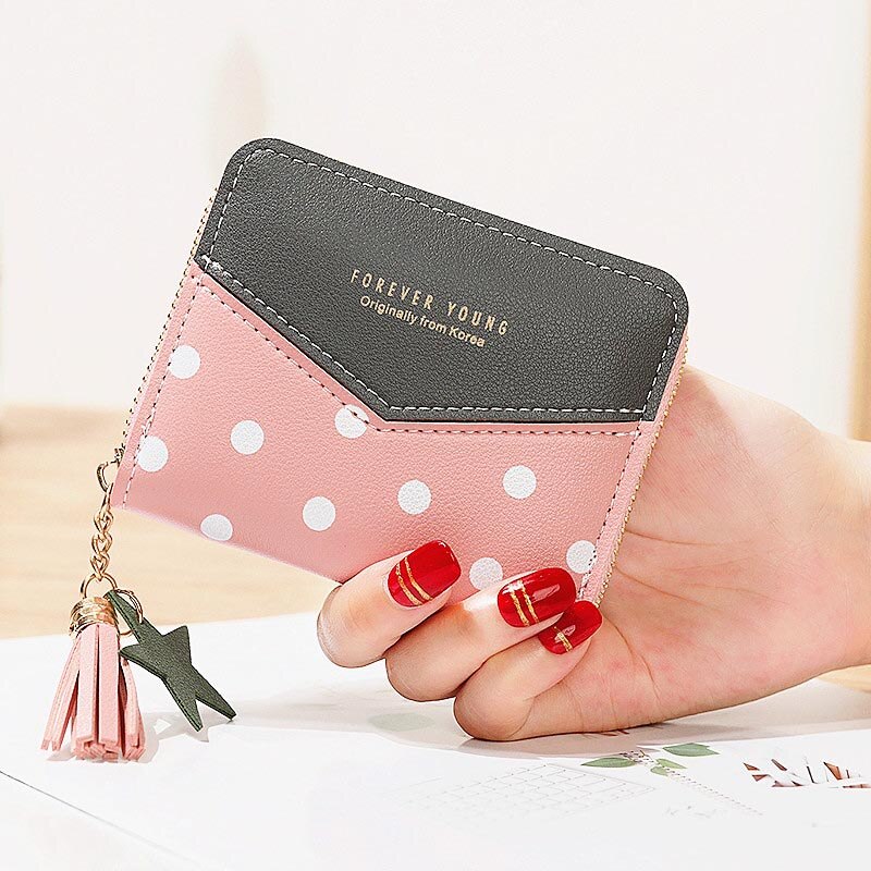 Korte Portemonnees Dame Portemonnee Kwasten Rits Vrouwen Dots Wallet Bag Kaarten Id Houder Meisjes Portefeuilles Geldzakken Notecase Pocket Poucht: Grey